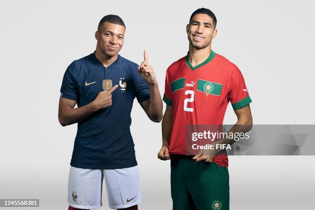 In this composite image, a comparison has been made between Kylian Mbappe of France and Achraf Hakimi of Morocco, who are posing during the official...