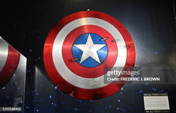 An original screen-matched Captain America shield made for Chris Evans in the 2011 film 'Captain America: The First Avenger' is displayed at Julien's...