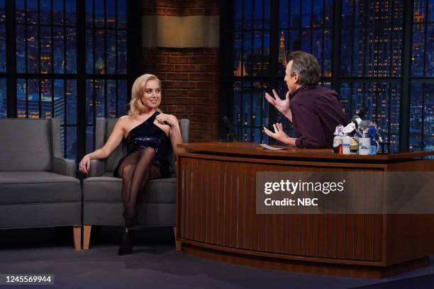 Episode 1366 -- Pictured: Actress Aubrey Plaza during an interview with host Seth Meyers on December 12, 2022 --