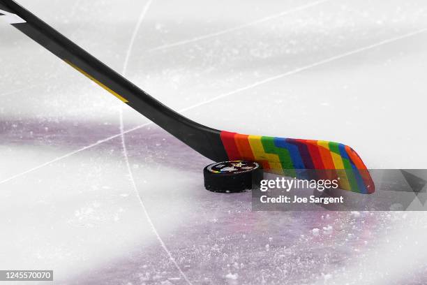 Detailed view or a stick with Pride tape in honor of Pride Night prior to the game between the Dallas Stars and the Pittsburgh Penguins at PPG PAINTS...