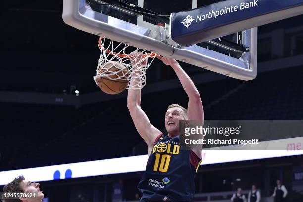 Jack White of the Grand Rapids Gold dunks the ball against the Sioux Falls Skyforce on December 12, 2022 at the Van Andel Arena in Grand Rapids,...