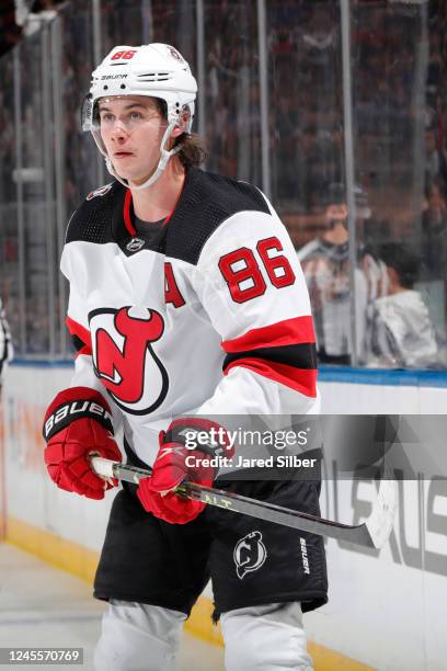 Jack Hughes of the New Jersey Devils skates against the New York Rangers at Madison Square Garden on December 12, 2022 in New York City.