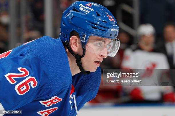 Jimmy Vesey of the New York Rangers skates against the New Jersey Devils at Madison Square Garden on December 12, 2022 in New York City.
