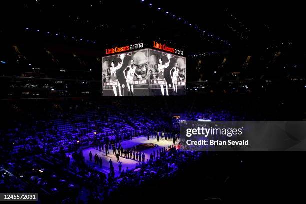 An interior view of the Jumbotron and the arena commemorating Bill Russell before the game between the Orlando Magic and the Detroit Pistons on...