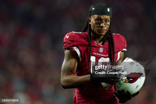 DeAndre Hopkins of the Arizona Cardinals looks towards the sideline against the New England Patriots during the second half at State Farm Stadium on...