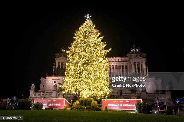 General view of Christmas Tree in Piazza Venezia on December 13, 2022 in Rome.