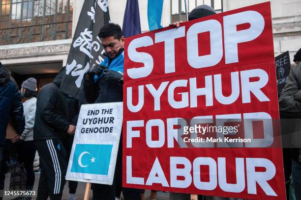 Campaigners from London's Uyghur community protest opposite the Chinese embassy against continued human rights violations by the Chinese government...