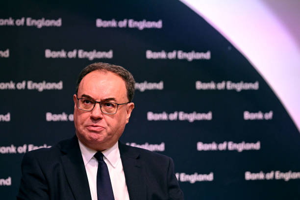 Governor of the Bank of England Andrew Bailey holds a press conference after the bank issued its latest Financial Stability Report at Bank Of England...