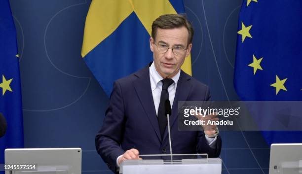 Swedish Prime Minister Ulf Kristersson speaks during a press conference on theTrilateral Memorandum between Turkiye, Sweden and Finland in Stockholm,...