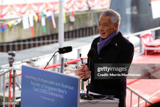 Singaporean Prime Minister Lee Hsien Loong delivers a speech during the launching ceremony of two new 218SG class submarines for the Republic of...