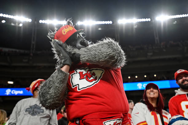 Costumed Kansas City Chiefs fans shows the night night gesture in the fourth quarter during a game between the Kansas City Chiefs and the Denver...