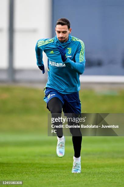 Mattia De Sciglio of Juventus during a training session at JTC on December 13, 2022 in Turin, Italy.