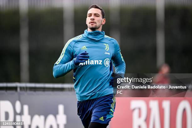 Mattia De Sciglio of Juventus during a training session at JTC on December 13, 2022 in Turin, Italy.