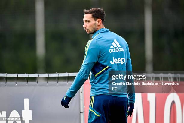 Mattia De Sciglio of Juventus during a training session at JTC on December 13, 2022 in Turin, Italy.