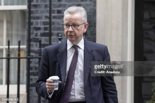 Secretary of State for Levelling Up, Housing and Communities Michael Gove arrives to attend the weekly cabinet meeting at 10 Downing Street in...