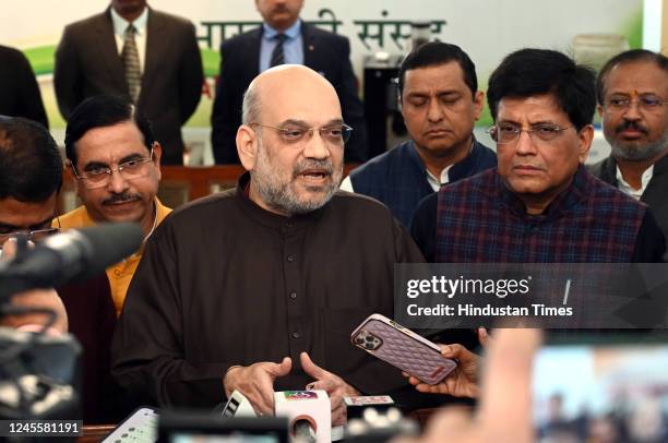 Union Home Minister Amit Shah with his cabinet colleagues addressing the media at Parliament House on December 13, 2022 in New Delhi, India. Union...