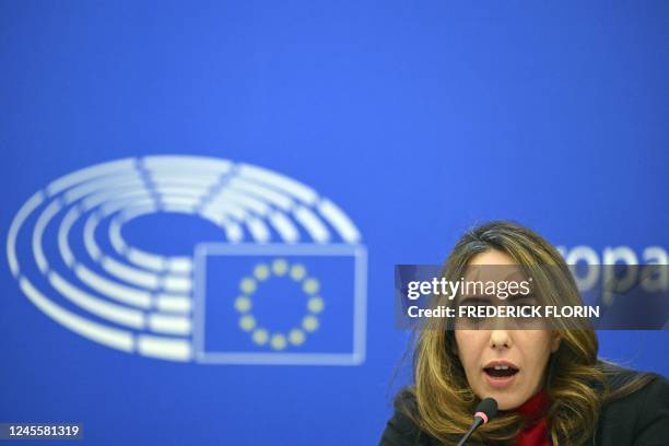 Stella Assange, wife of WikiLeaks founder Julian Assange, gives a press conference at the European Parliament in Strasbourg on December 13, 2022 as...