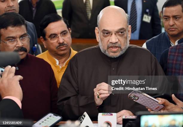 Union Home Minister Amit Shah with his cabinet colleagues addressing the media at Parliament House on December 13, 2022 in New Delhi, India. Union...
