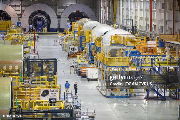 Boeing 787 Dreamliners are seen on the factory floor during the manufacturing process at a joint press event with United Airlines at the Boeing...
