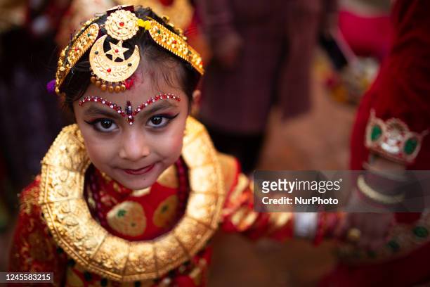Young girl from newar community dressed up as bride participates in Bel Bibaha ceremony at Bhaktapur, Nepal on Tuesday, December 13, 2022. Bel Bibah...
