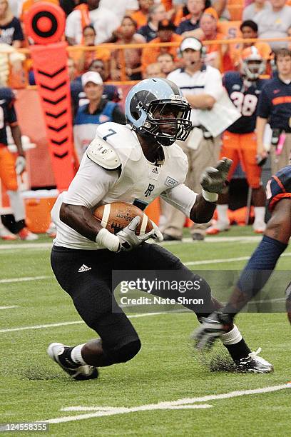 Anthony Baskerville of the Rhode Island Rams runs the ball against the Syracuse Orange rduring the game on September 10, 2011 at the Carrier Dome in...