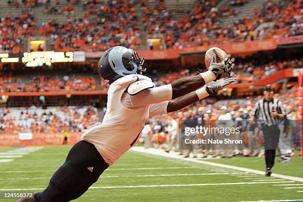 Anthony Baskerville of the Rhode Island Rams catches a TD against the Syracuse Orange during the game on September 10, 2011 at the Carrier Dome in...