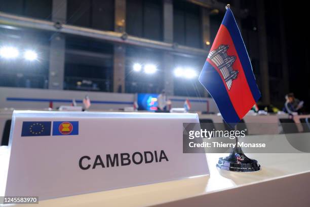 The flag from Cambodia is seen prior the European Union and the Association of Southeast Asian Nations meeting in the Justus Lipsius Atrium, the EU...