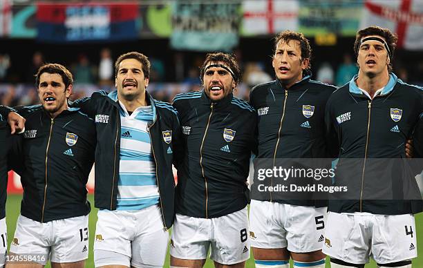 Argentina players sing the national anthem during the IRB 2011 Rugby World Cup Pool B match between Argentina and England at Otago Stadium on...