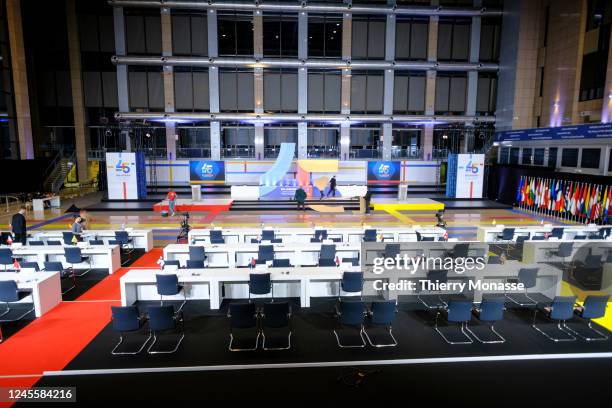 Technicians prepare the room where the leaders of the European Union and from the Association of Southeast Asian Nations will have there meeting in...