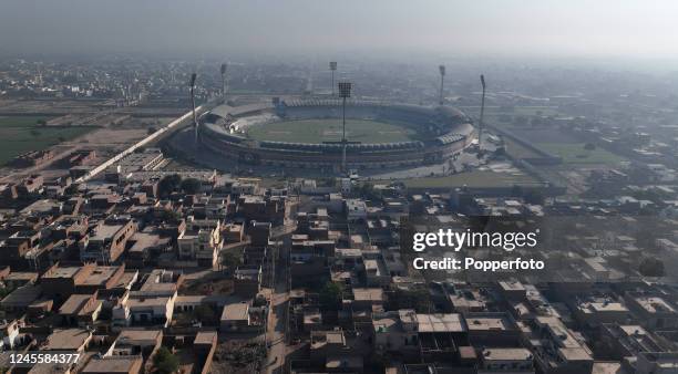 General view of the ground taken from a drone before the fourth day of the second Test between England and Pakistan at Multan Cricket Stadium on...