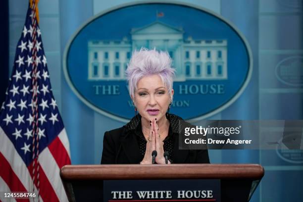 Singer Cyndi Lauper speaks during the daily press briefing at the White House December 13, 2022 in Washington, DC. Later today, President Joe Biden...