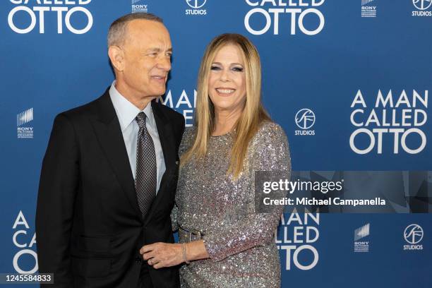 Tom Hanks and Rita Wilson attend the premiere of "A Man Called Otto" with wife Rita Wilson at Filmstaden Rigoletto on December 13, 2022 in Stockholm,...