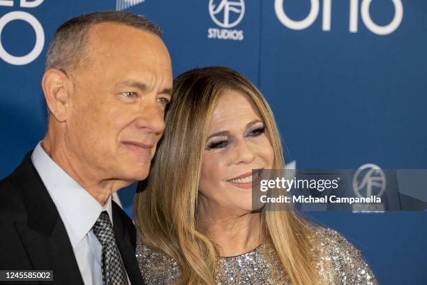 Tom Hanks and Rita Wilson attend the premiere of "A Man Called Otto" with wife Rita Wilson at Filmstaden Rigoletto on December 13, 2022 in Stockholm,...