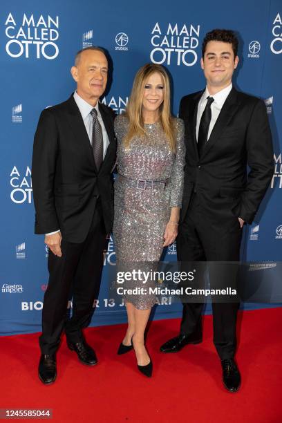 Tom Hanks attends the premiere of "A Man Called Otto" with wife Rita Wilson and son Truman Hanks at Filmstaden Rigoletto on December 13, 2022 in...