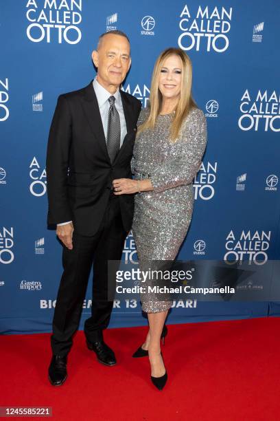 Tom Hanks and Rita Wilson attend the premiere of "A Man Called Otto" with wife Rita Wilson at Filmstaden Rigoletto on December 13, 2022 in Stockholm,...
