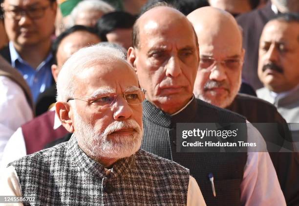 Prime Minister Narendra Modi, Defence Minister Rajnath Singh, and Union Home Minister Amit Shah during a tribute ceremony to pay homage to martyrs...