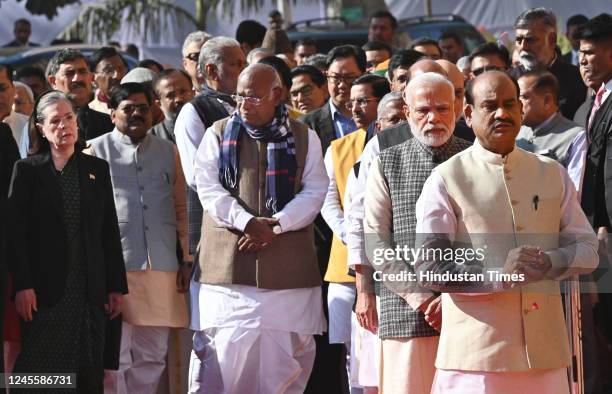 Lok Sabha Speaker Om Birla, Prime Minister Narendra Modi, Congress President Mallikarjun Kharge, Senior leader Sonia Gandhi, and others during a...