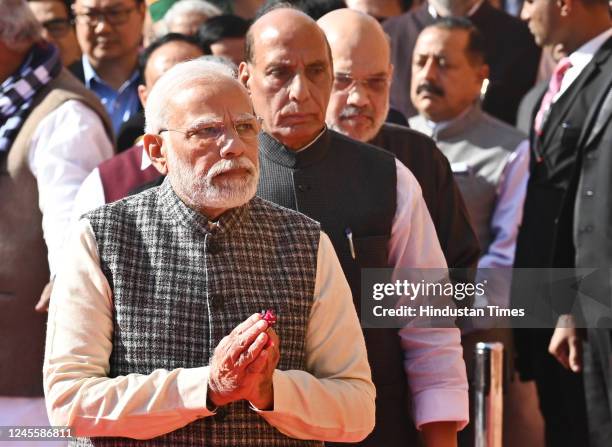 Prime Minister Narendra Modi, Defence Minister Rajnath Singh, and Union Home Minister Amit Shah during a tribute ceremony to pay homage to martyrs...