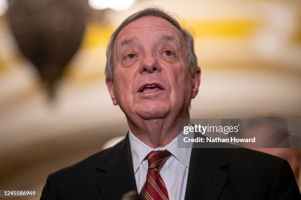 Sen. Dick Durbin speaks to media during the weekly Senate Democrat Leadership press conference at the US Capitol on December 13, 2022 in Washington,...