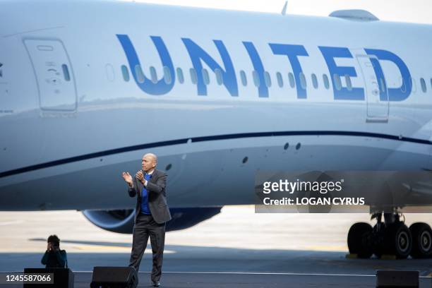 Boeing CEO David Calhoun speaks during a joint press event with United Airlines at the Boeing manufacturing facility in North Charleston, on December...