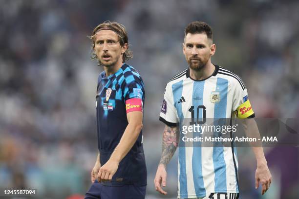 Luka Modric of Croatia and Lionel Messi of Argentina during the FIFA World Cup Qatar 2022 semi final match between Argentina and Croatia at Lusail...