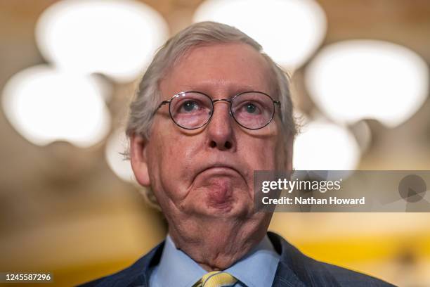 Senate Minority Leader Mitch McConnell speaks to the media during the weekly Senate Republican Leadership press conference at the US Capitol on...