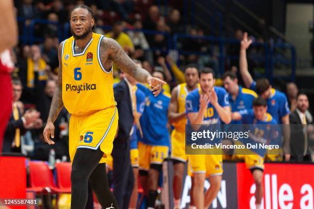 Jarrell Martin, #6 of Maccabi Playtika Tel Avivn in action during the 2022-23 Turkish Airlines EuroLeague Regular Season Round 13 game between EA7...