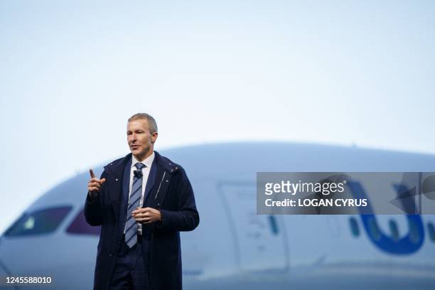 United Airlines CEO Scott Kirby speaks during a joint press event with Boeing at the Boeing manufacturing facility in North Charleston, South...