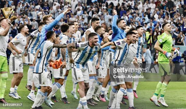 Players of Argentina celebrate after the FIFA World Cup Qatar 2022 Semi-Final match between Argentina and Croatia at Lusail Stadium on December 13 in...