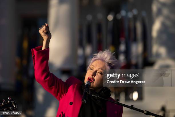 Cyndi Lauper performs during a bill signing ceremony for the Respect for Marriage Act on the South Lawn of the White House December 13, 2022 in...