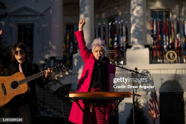 Cyndi Lauper performs during a bill signing ceremony for the Respect for Marriage Act on the South Lawn of the White House December 13, 2022 in...