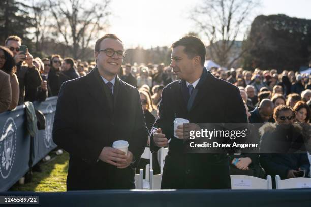 Chasten Buttigieg and U.S. Transportation Secretary Pete Buttigieg attend a bill signing ceremony for the Respect for Marriage Act on the South Lawn...
