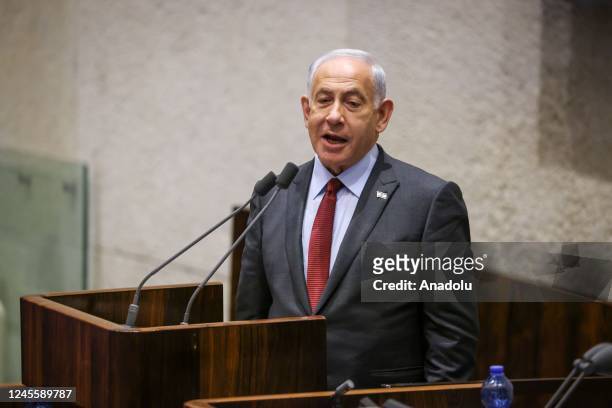 Former prime minister and leader of the Likud party Binyamin Netanyahu speaks during the session to elect Israel's new Speaker of the Parliament at...