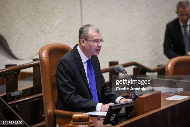 Yariv Levin of the Likud Party, newly elected Speaker of the Parliament speaks after the session to elect Israel's new Speaker of the Parliament at...